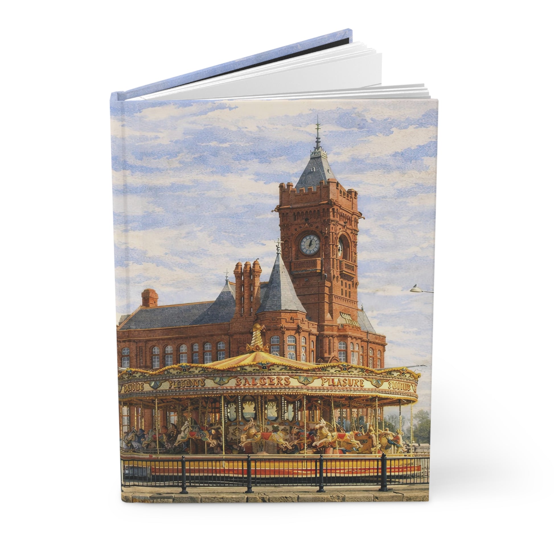 Notebook with a design of Cardiff Bay with a clock tower and the Millenium Centre in South Wales.