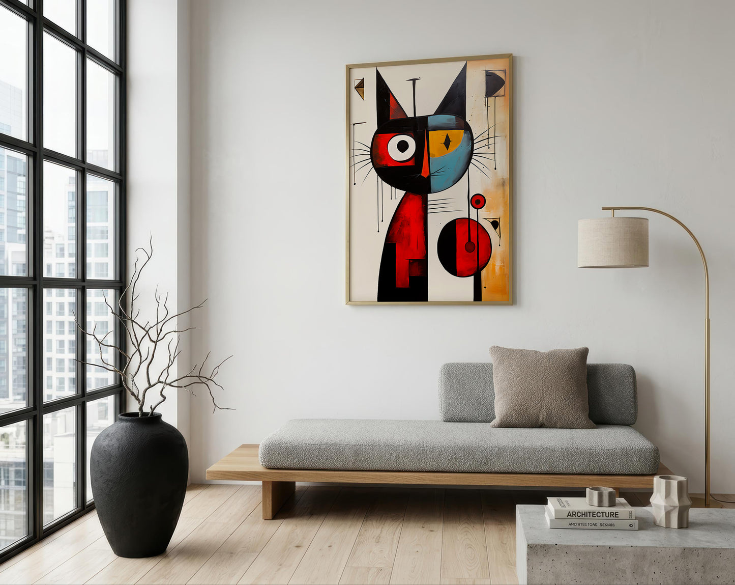Modern living room with a abstract cat painting on the wall