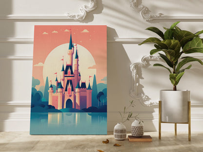 A vertical canvas print of a stylized castle illustration leaning against a white paneled wall in a styled room setting next to a potted plant.