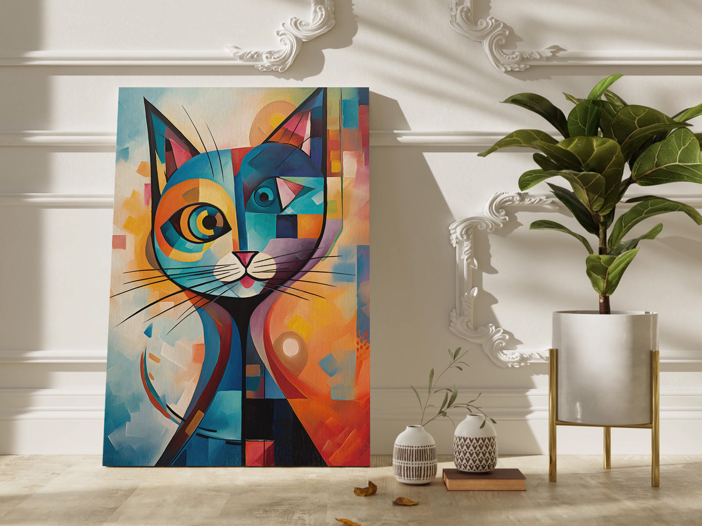 Colorful Kandisnky cat canvas wall art.