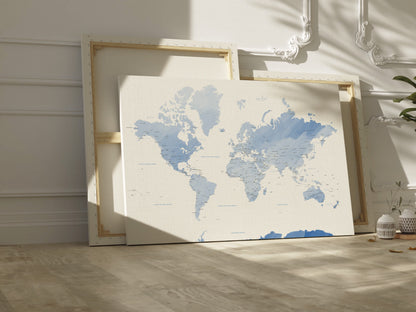 Blue Watercolor World Map wall art | Different sizes and framed options or canvas