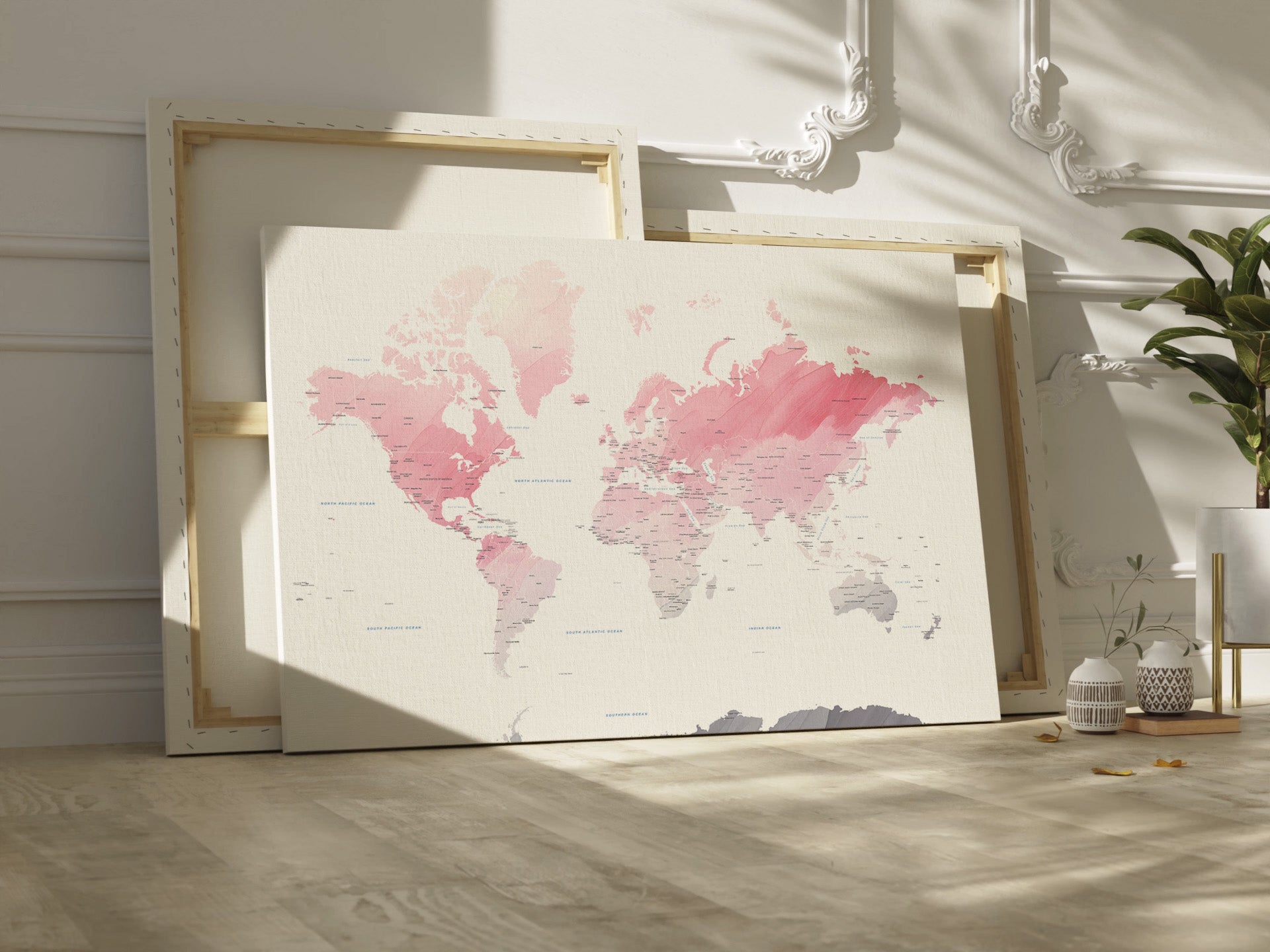 Watercolor world map large canvas art.