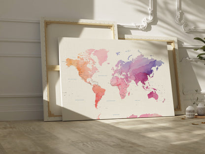 Colorful watercolour world map canvas wall art.