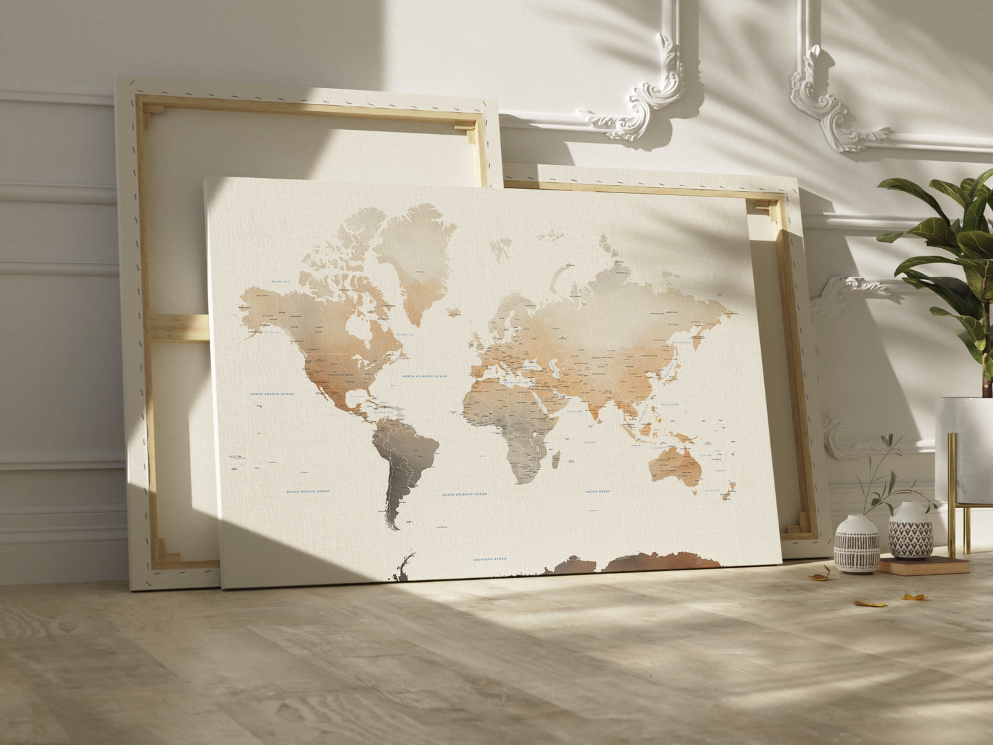 Watercolor World Map large canvas wall art.