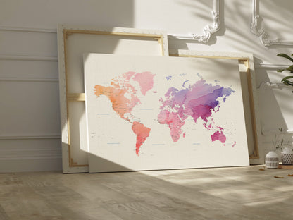 Watercolor world map large canvas art.