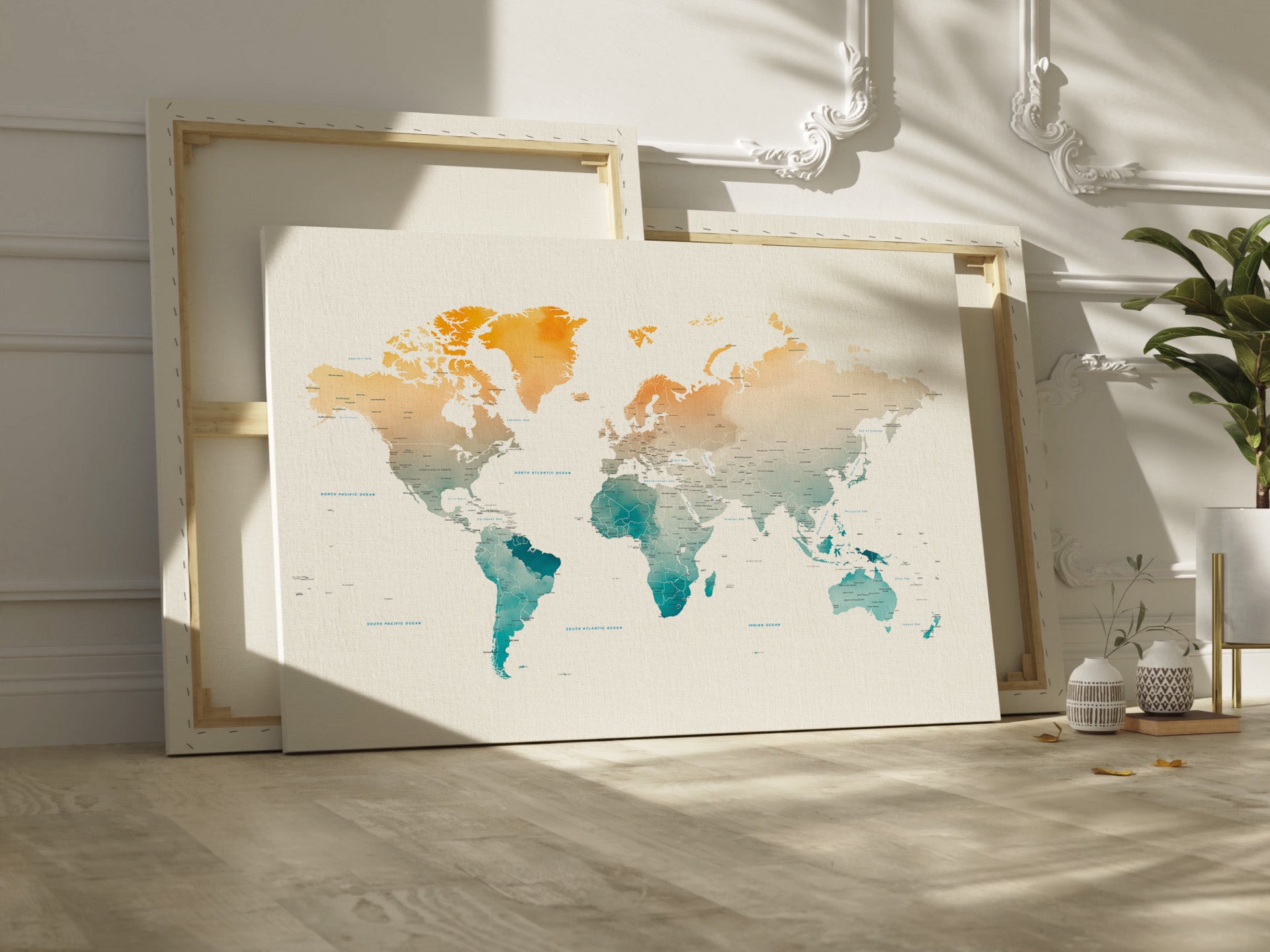 Watercolor World map canvas wall art.