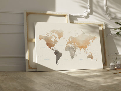 Watercolor world map large canvas in Earth tones.