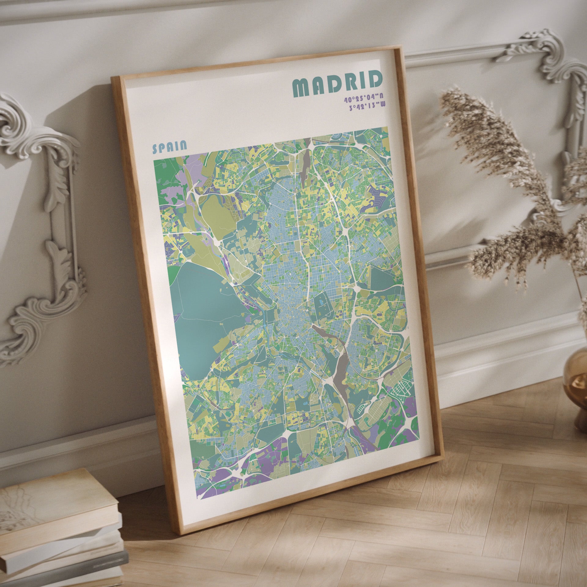 Madrid city map print in a natural wood frame.