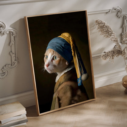 Portrait de chat roux avec imprimé boucle d'oreille perle | Johannes Vermeer