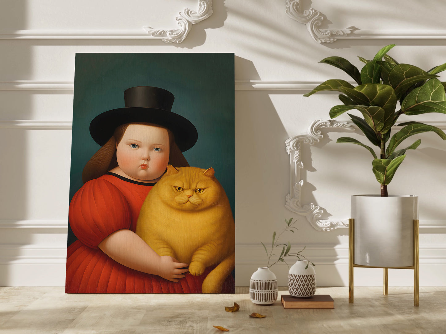 Botero Girl with Cat wall art in different sizes and frame options or canvas