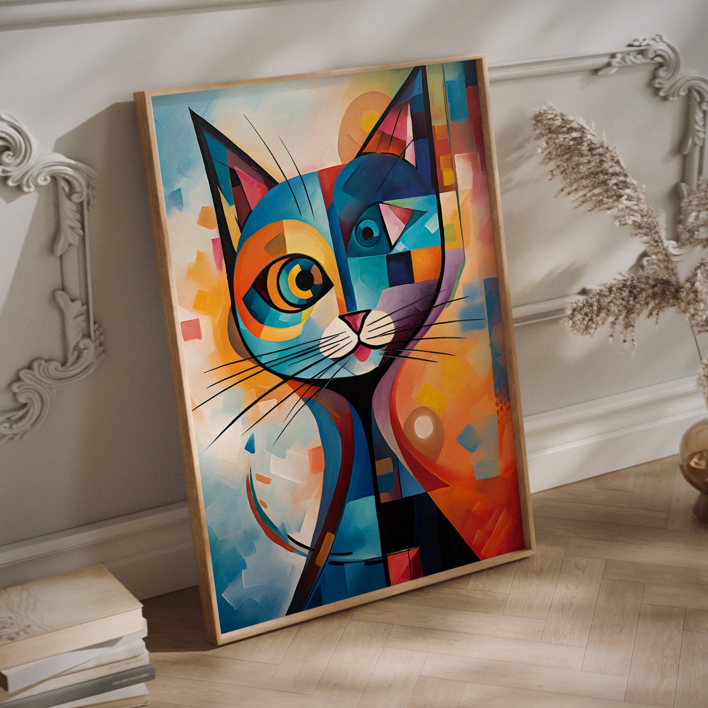 Colorful Kandisnky cat framed wall art.