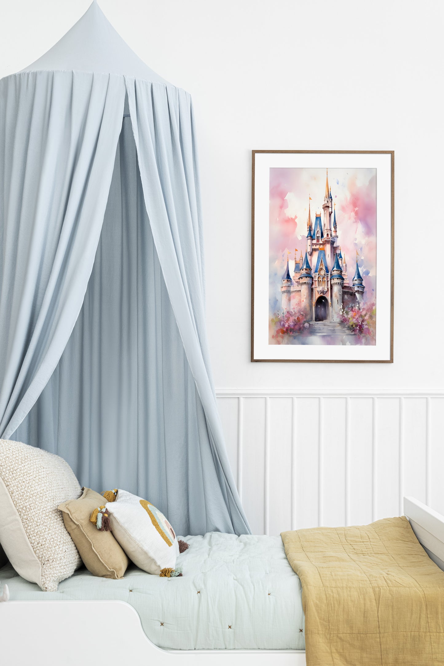 Disney castle print in beautiful watercolorson a nursery wall.