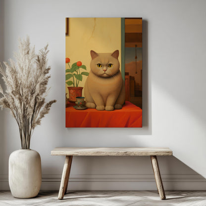 Framed painting of a cat on an orange table with a vase and bench in the foreground.
