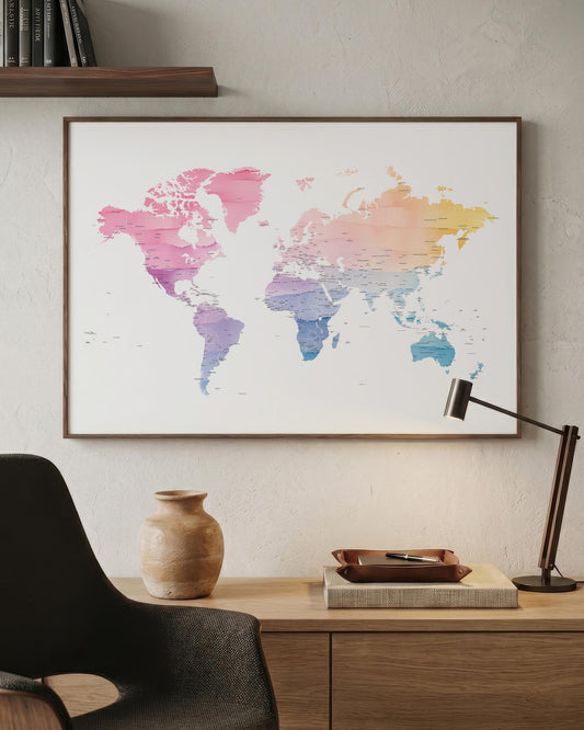 A framed world map poster with a watercolor design in pink, purple, blue, and yellow tones, hanging on a textured beige wall above a wooden desk with a lamp, vase, and chair.