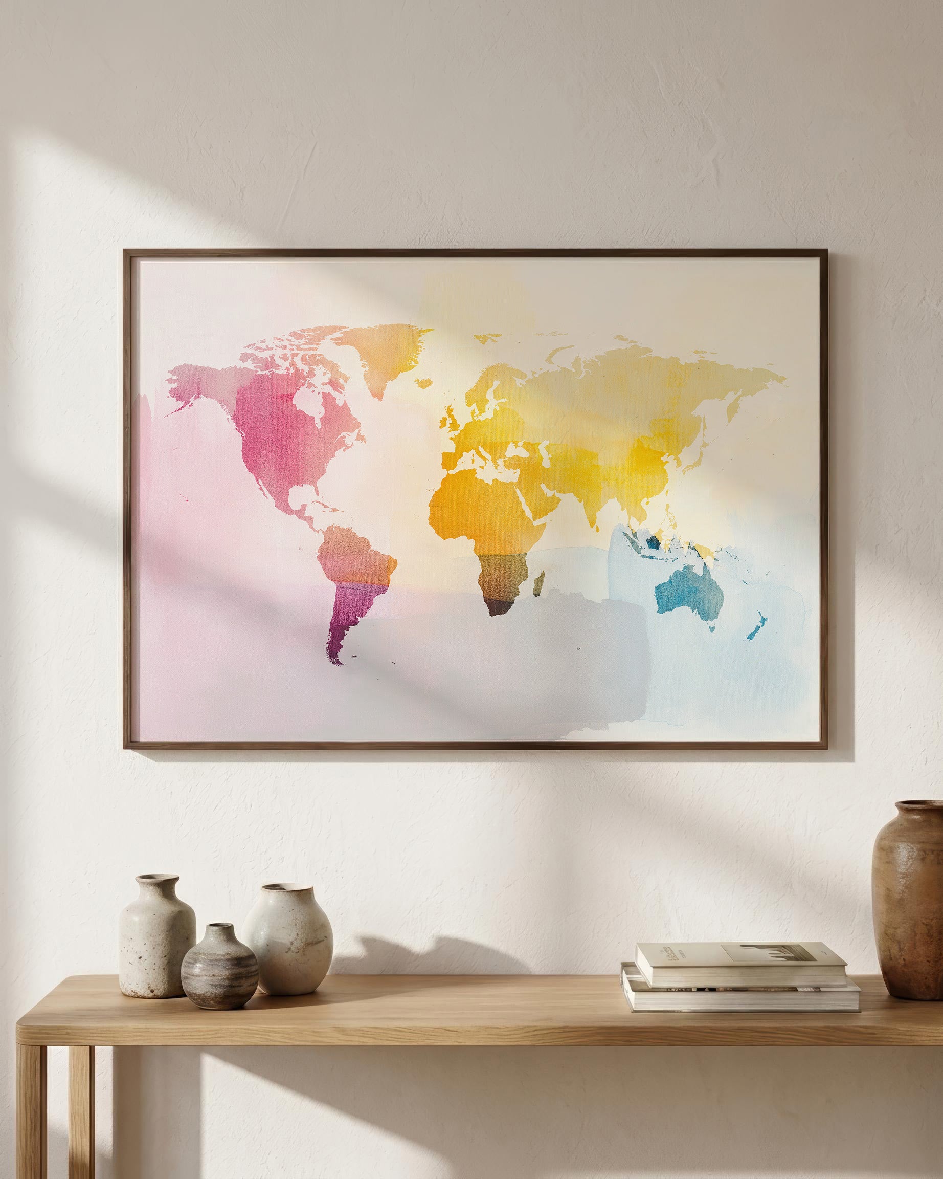 A framed world map art print with a watercolor design in pastel pink, yellow, orange, blue, and purple tones, hanging on a light beige wall above a wooden console table with decorative vases and books.