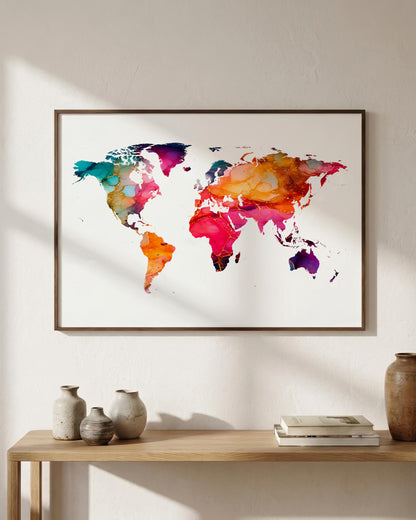 A framed world map watercolor print in a warm wood frame, hanging on a white wall above a light wood console table with decorative vases and books.