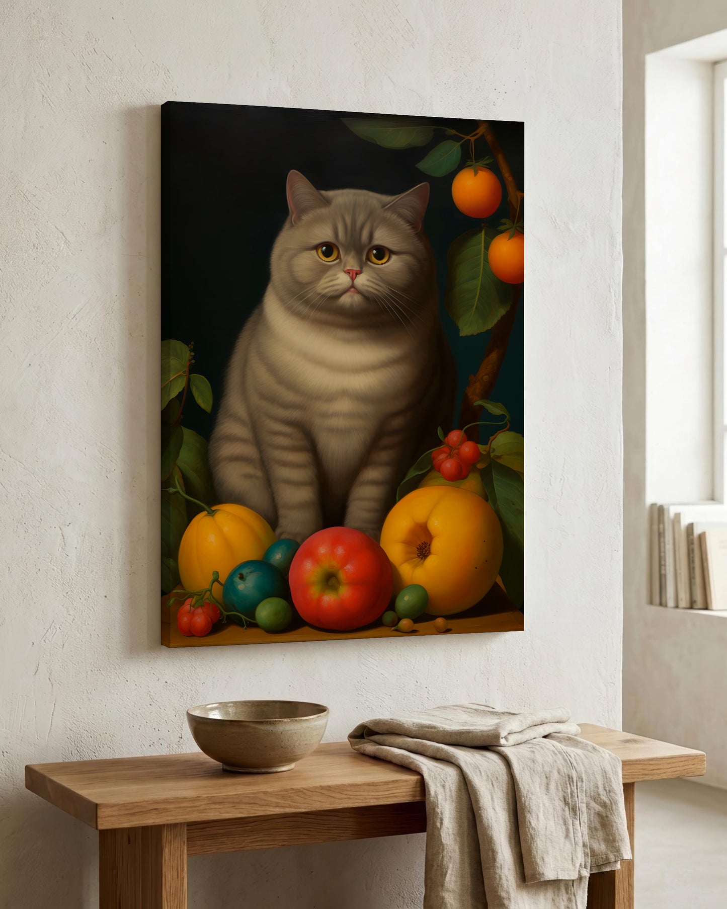 A vertical canvas wall art print featuring a stylized portrait of a gray tabby cat surrounded by colorful fruits, displayed on a textured off-white wall above a wooden console table with a bowl and linen cloth.