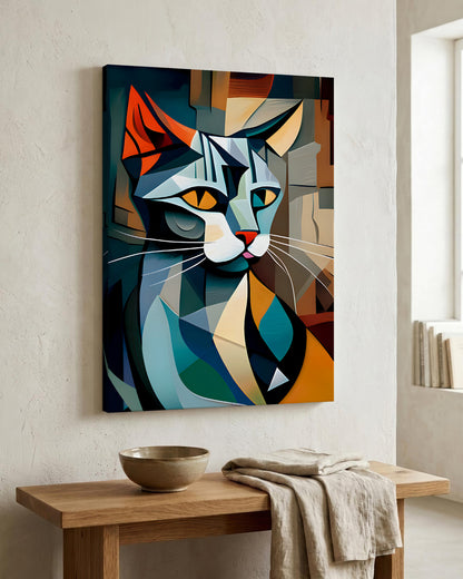 A geometric, cubist-style canvas wall art print of a cat, shown hanging on a textured beige wall above a wooden console table with a bowl and a folded cloth.