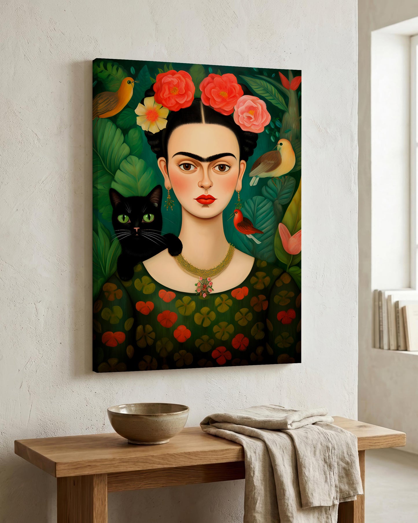 A vertical canvas art print featuring a stylized portrait of Frida Kahlo with a black cat, red roses, and birds, displayed on a textured white wall above a wooden console table.