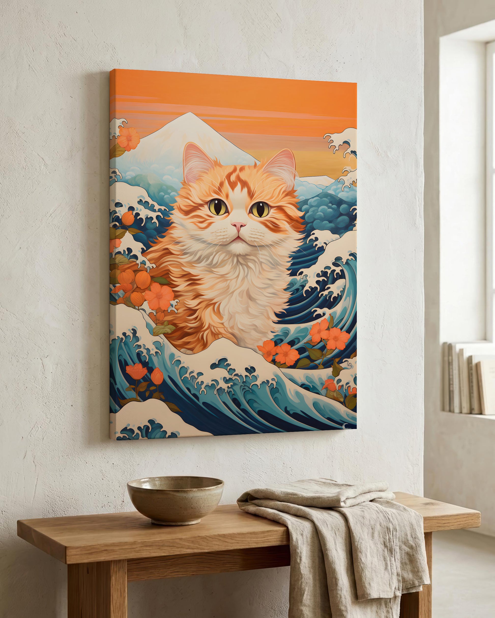 A vertical canvas wall art print featuring a stylized orange tabby cat in a Japanese wave scene, displayed on a textured off-white wall above a wooden console table with a bowl and folded cloth.