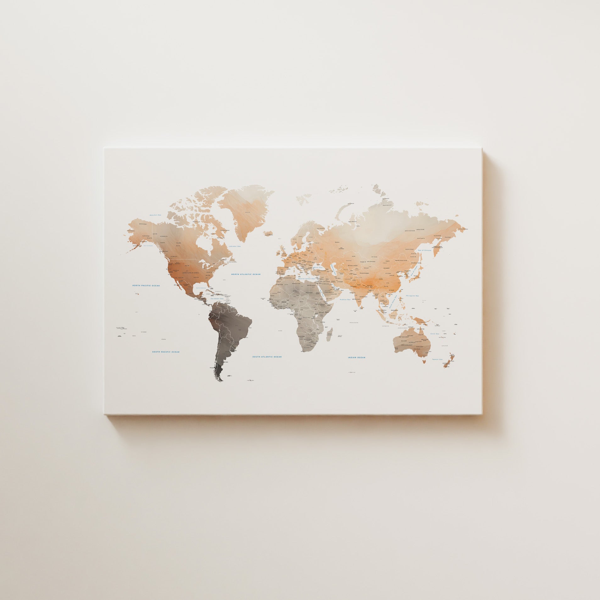 Watercolor world map canvas in Earth tones.