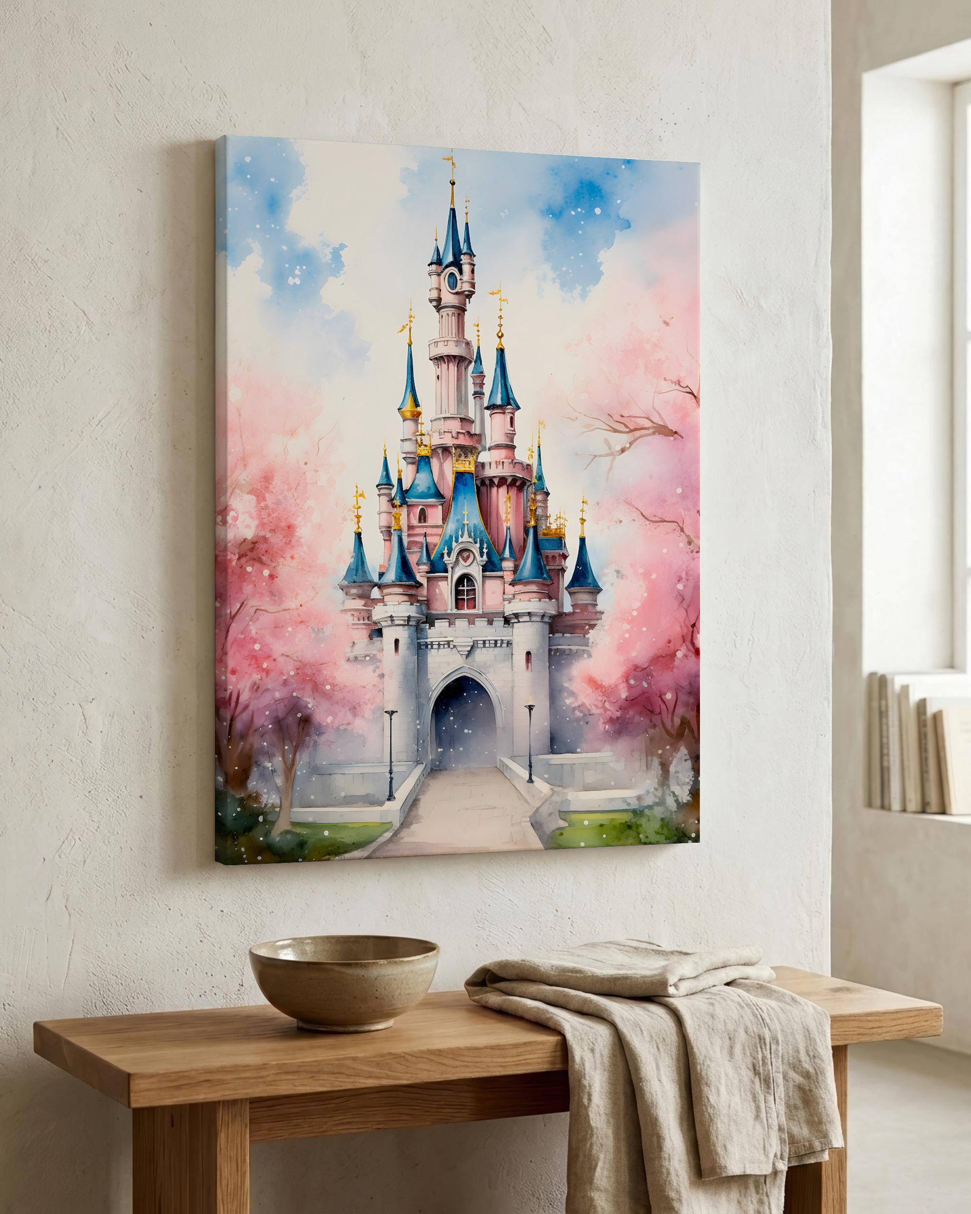 A vertical canvas wall art print depicting a whimsical fairytale castle with pink cherry blossoms, displayed on a textured white wall above a wooden console table with a bowl and linen cloth.