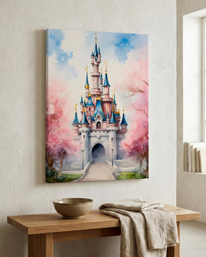 A vertical canvas wall art print depicting a whimsical fairytale castle with pink cherry blossoms, displayed on a textured white wall above a wooden console table with a bowl and linen cloth.