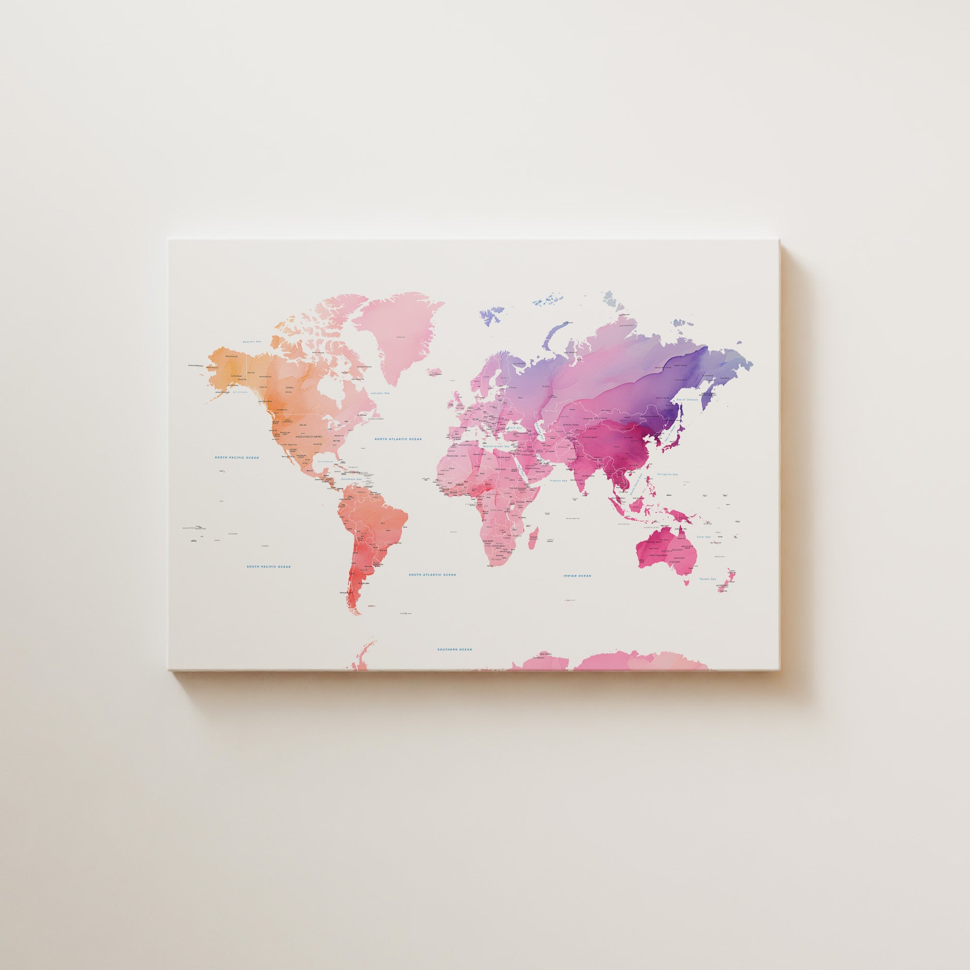 Colorful watercolour world map canvas wall art.