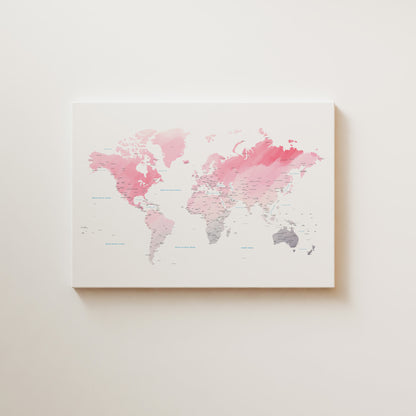 Pink watercolor world map canvas wall art.