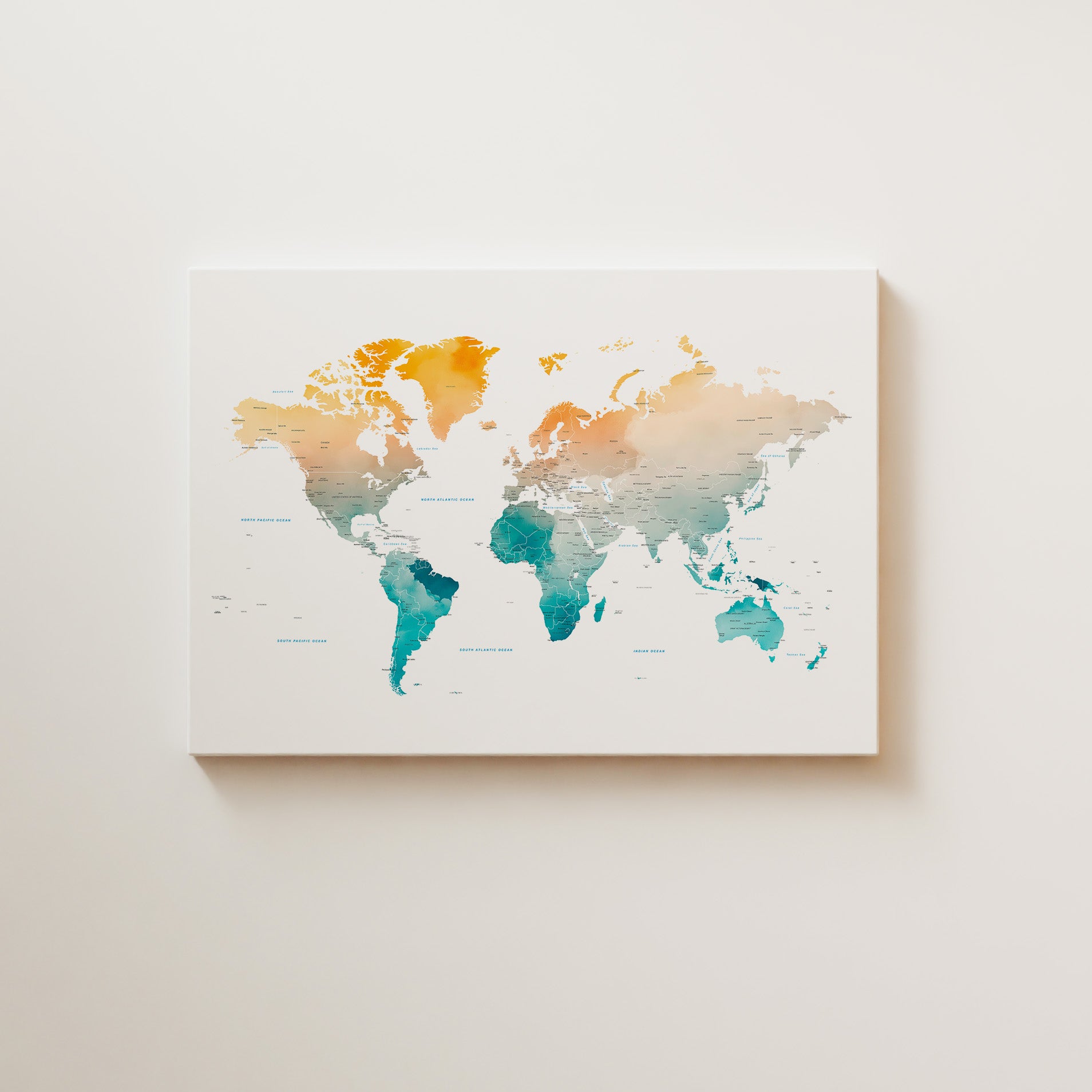 Watercolor World map canvas art in beautiful tones.