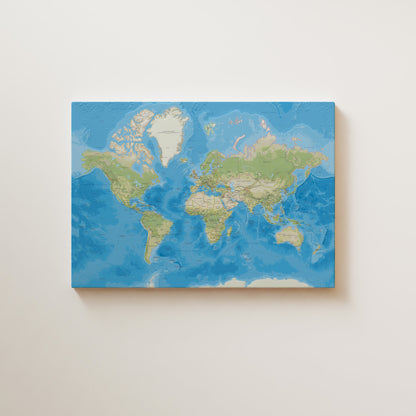 Carte du monde en relief | Différentes tailles disponibles | Impression de la carte du monde physique | Art mural sur toile Carte du monde océans