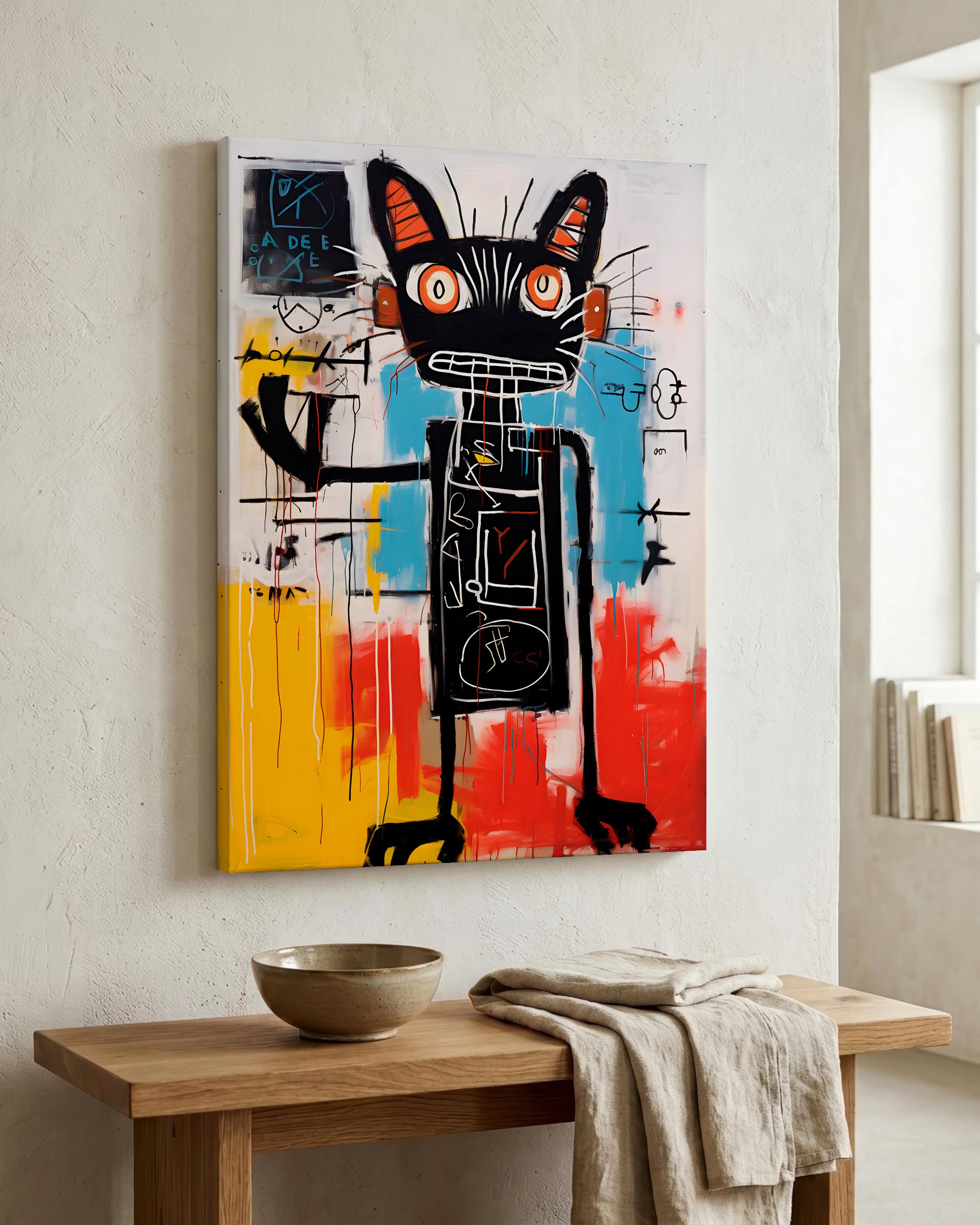 A colorful abstract canvas art print featuring a stylized black cat with orange ears and eyes, displayed on a textured off-white wall above a wooden console table with a bowl and folded cloth.