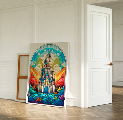 Disney castle canvas in stained glass style.