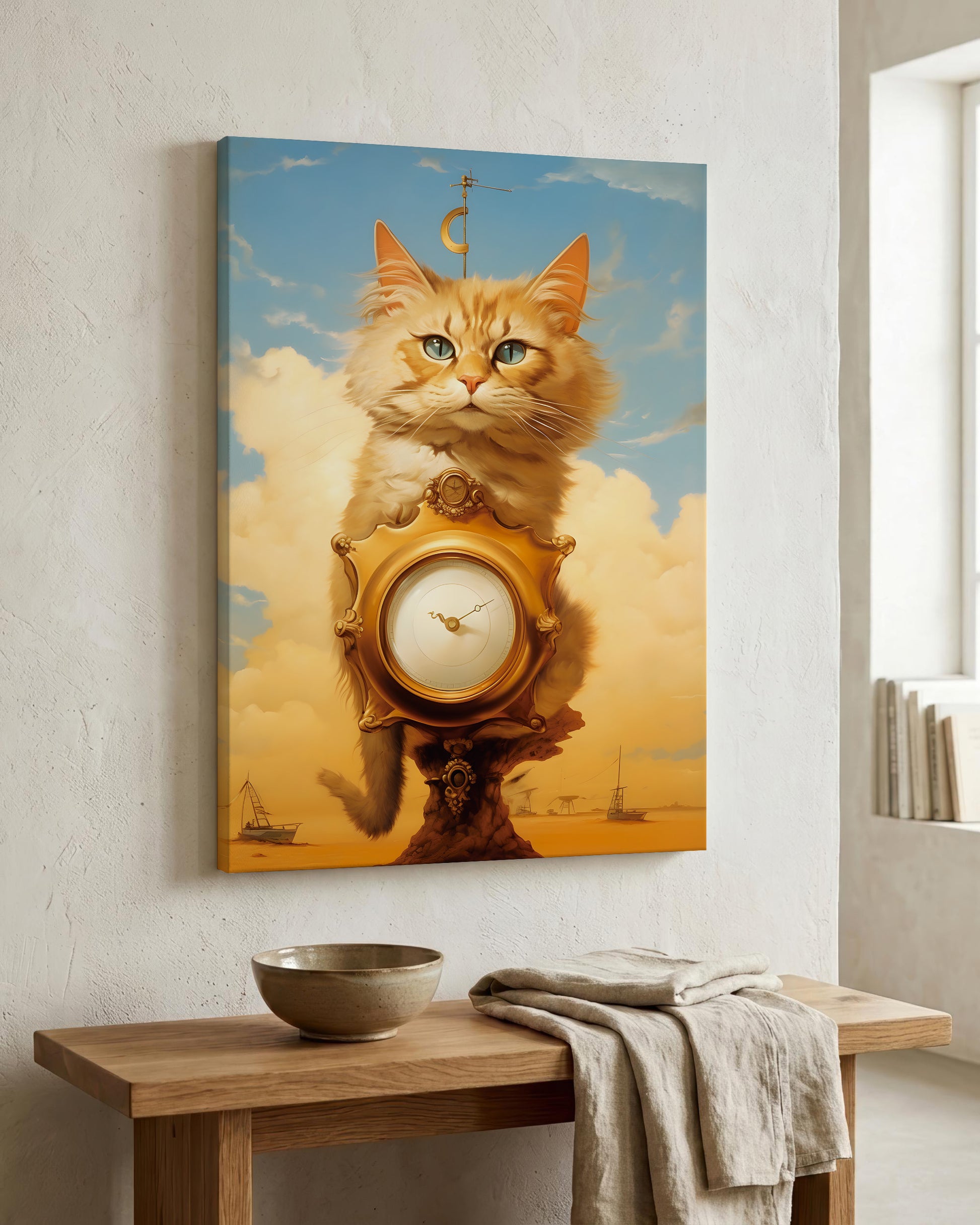 A vertical canvas wall art print hanging on a textured white wall above a wooden console table. The artwork depicts a fluffy orange cat perched on a large ornate clock against a blue sky with golden clouds.