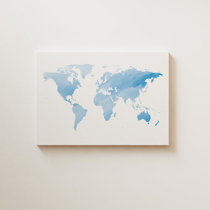 Watercolor world map canvas art in blue tones.