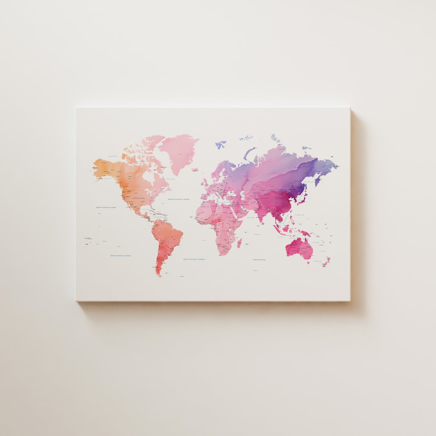 Watercolor world map canvas art.