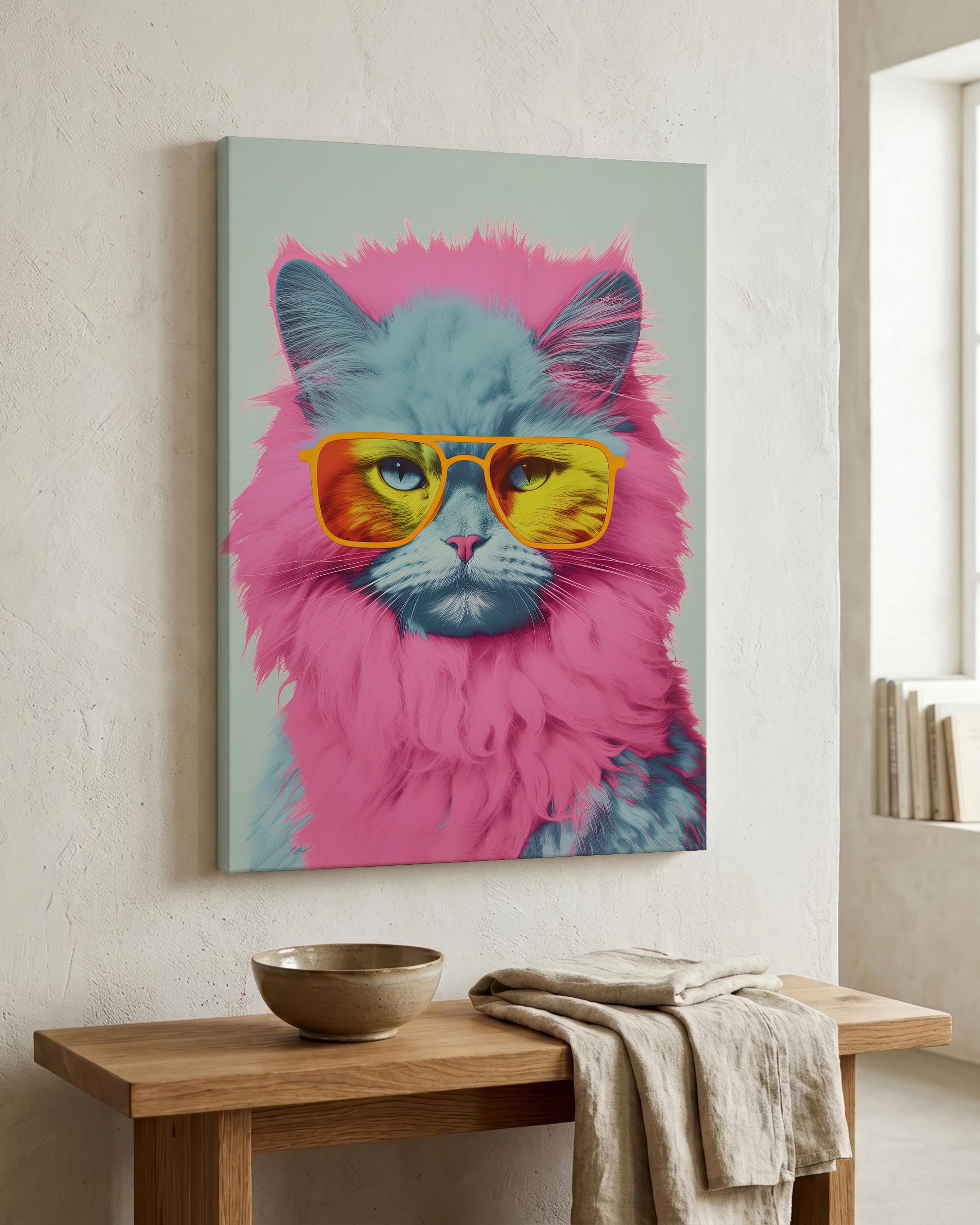 A square wall art print showing a fluffy cat with a bright pink mane and yellow sunglasses, displayed on a textured off-white wall above a wooden console table with a bowl and cloth.