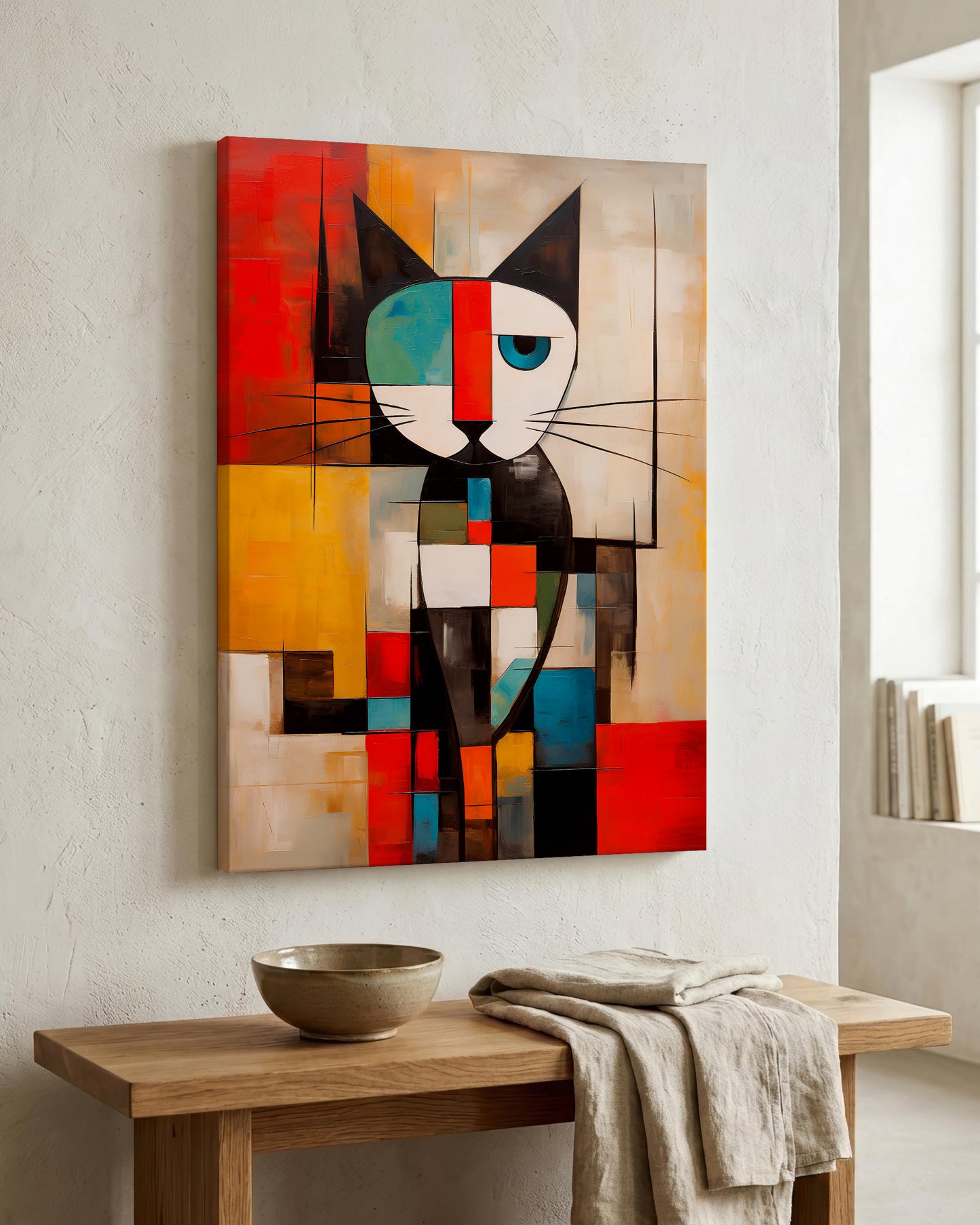 A colorful abstract canvas painting of a cat hangs on a textured off-white wall above a wooden console table with a bowl and a folded linen cloth.