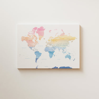 World Map print in rainbow watercolors | Different sizes and canvas