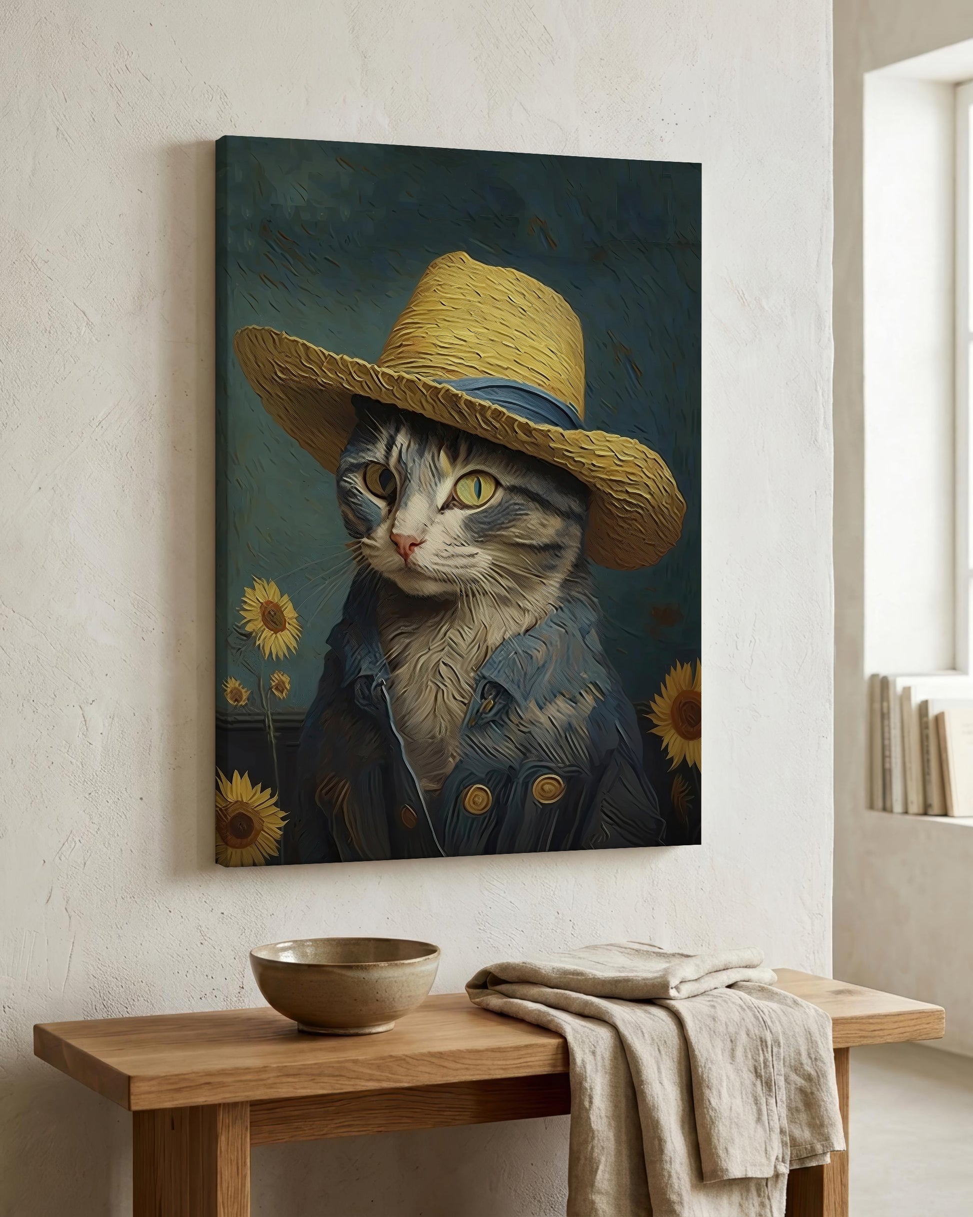 A vertical canvas wall art print showing a cat dressed in a straw hat and denim jacket with sunflowers, displayed above a wooden table in a bright room.