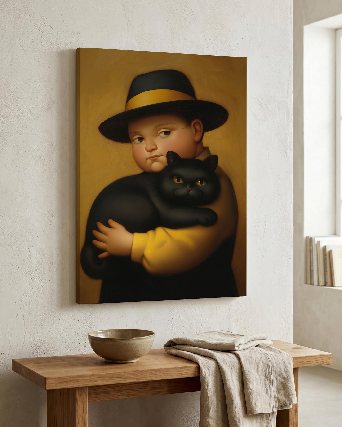 A vertical canvas wall art print depicting a stylized portrait of a child in a black hat with a yellow band, holding a black cat, shown hanging on a textured off-white wall above a wooden console table with a bowl and folded cloth.