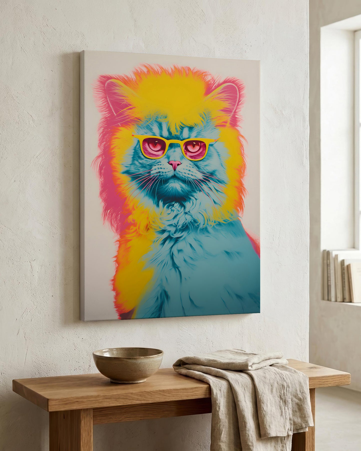A colorful canvas wall art print of a stylized cat with a neon yellow and blue fur pattern and pink glasses, displayed on a textured off-white wall above a wooden console table with a bowl and linen cloth.