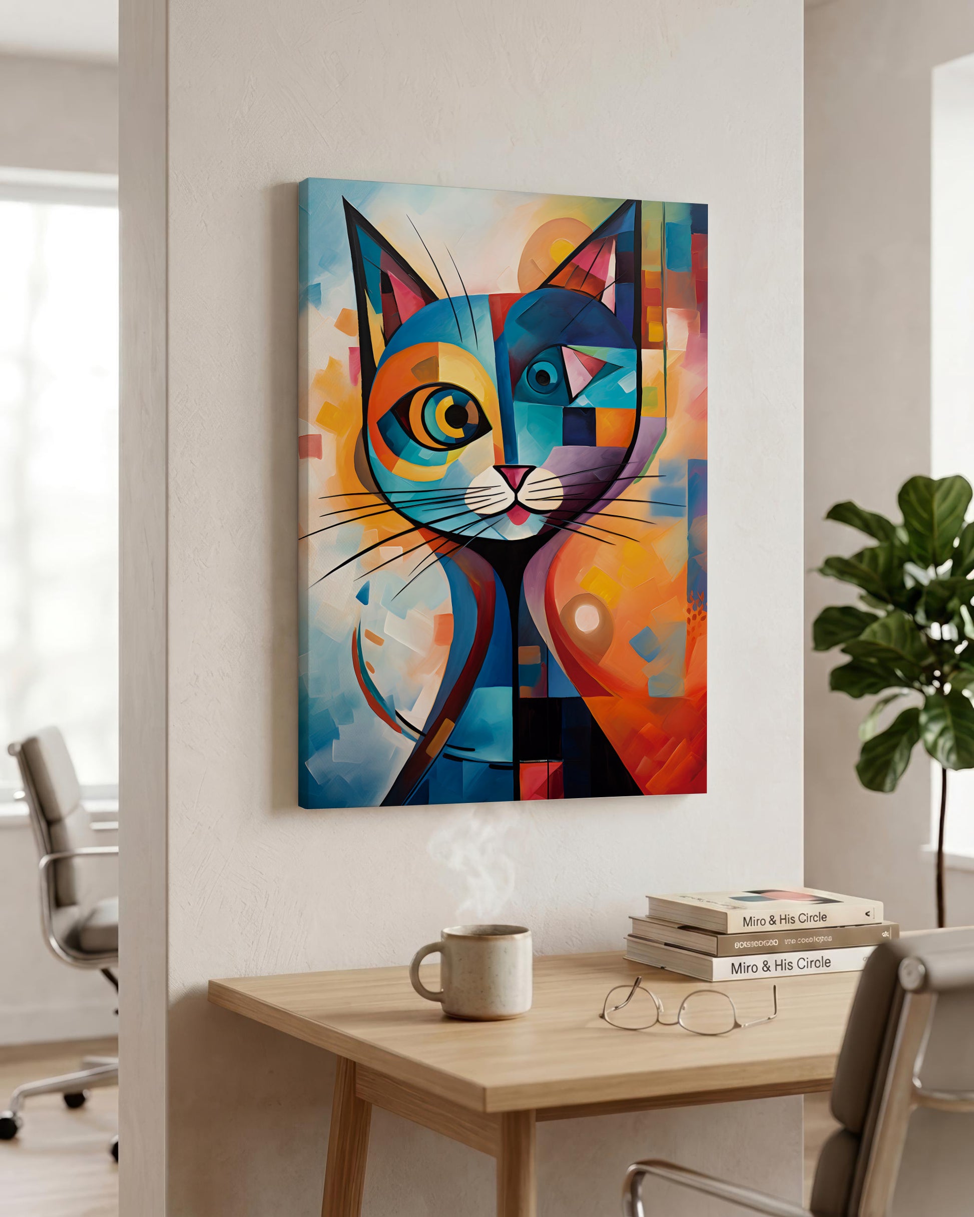 A colorful geometric canvas wall art print of a stylized cat, shown hanging on a wall in a modern office or study setting with a desk, mug, glasses, and plant.