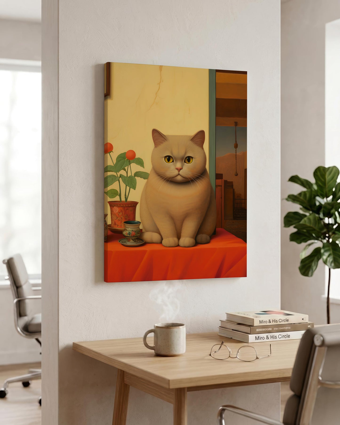 A vertical canvas wall art print depicting a ginger cat sitting on an orange-red tablecloth, displayed on a white wall in a modern home office setting above a wooden desk.