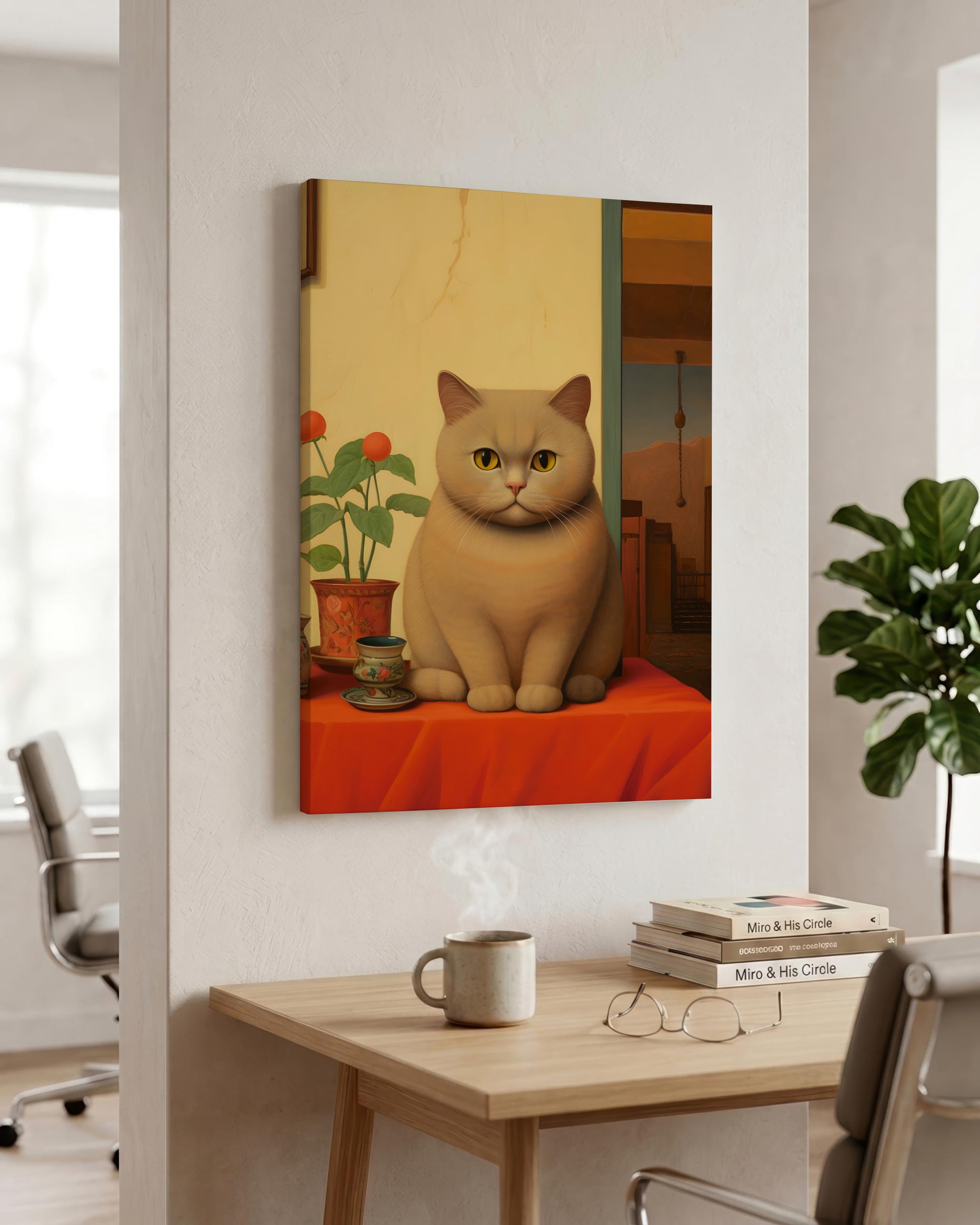 A vertical canvas wall art print depicting a ginger cat sitting on an orange-red tablecloth, displayed on a white wall in a modern home office setting above a wooden desk.