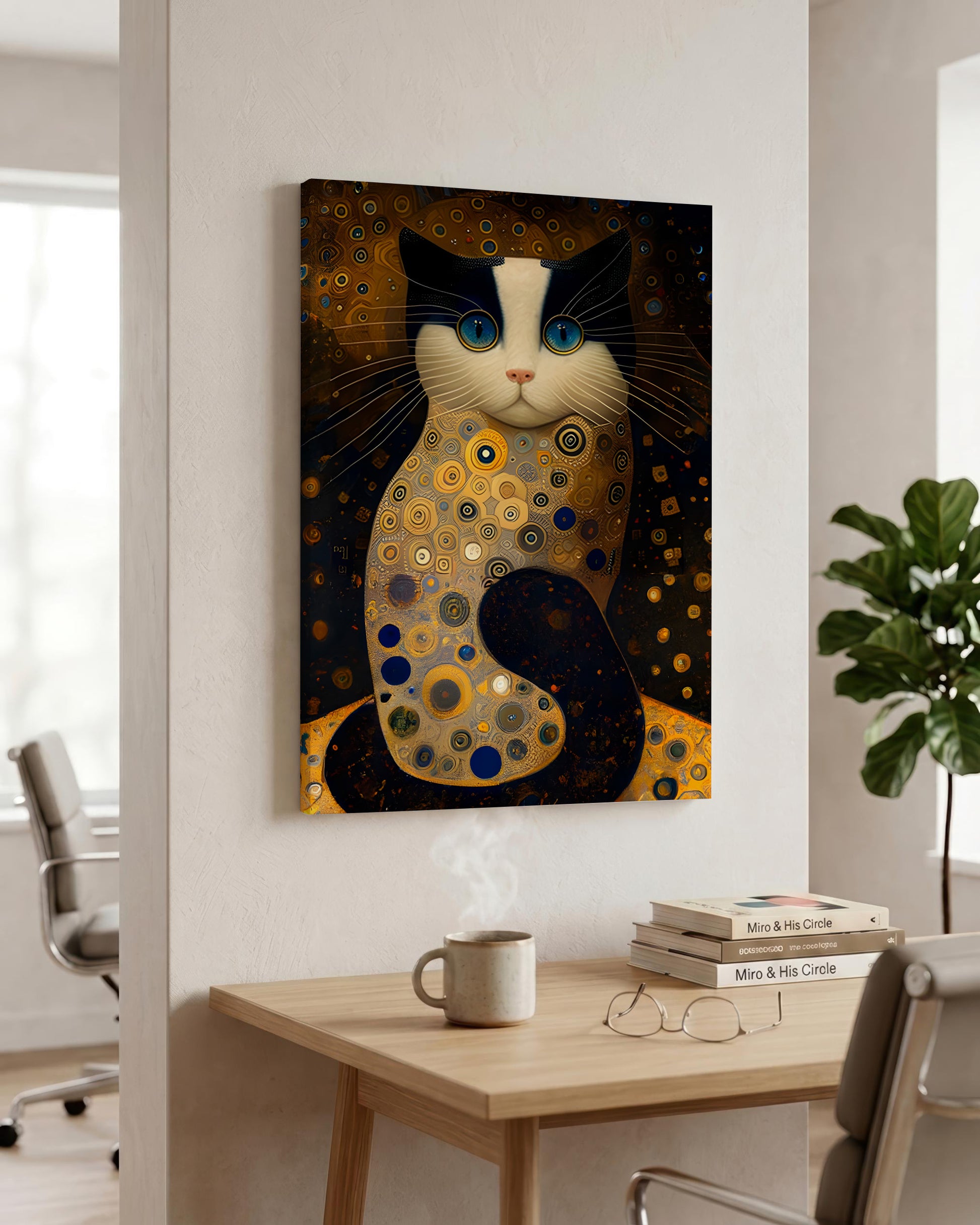 A vertical canvas wall art print featuring a stylized black and white cat with blue eyes and gold circular patterns, displayed on a white wall above a wooden desk in a modern office setting.