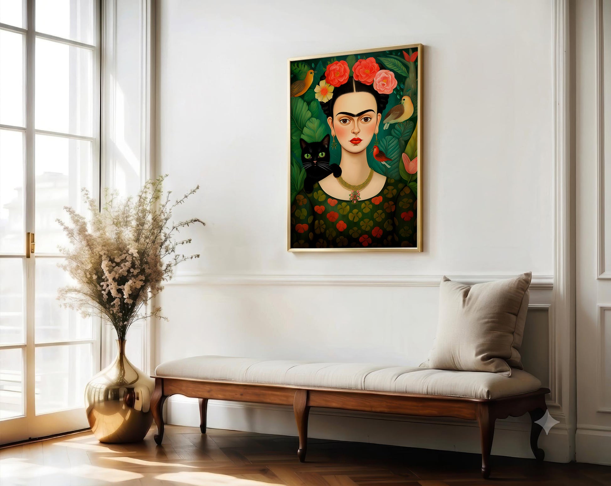 Framed artwork of a woman with flowers on a wall above a bench in a bright room.