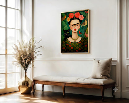 Framed artwork of a woman with flowers on a wall above a bench in a bright room.