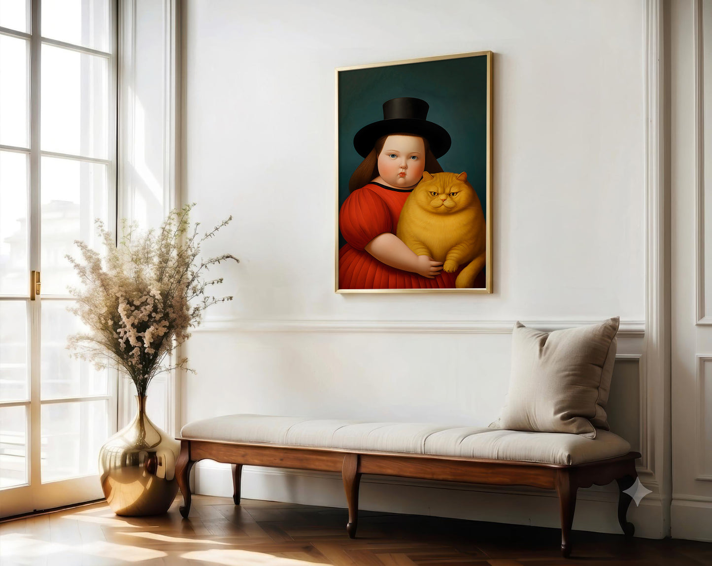 Room interior with a bench, vase, and framed artwork of a person holding a cat.