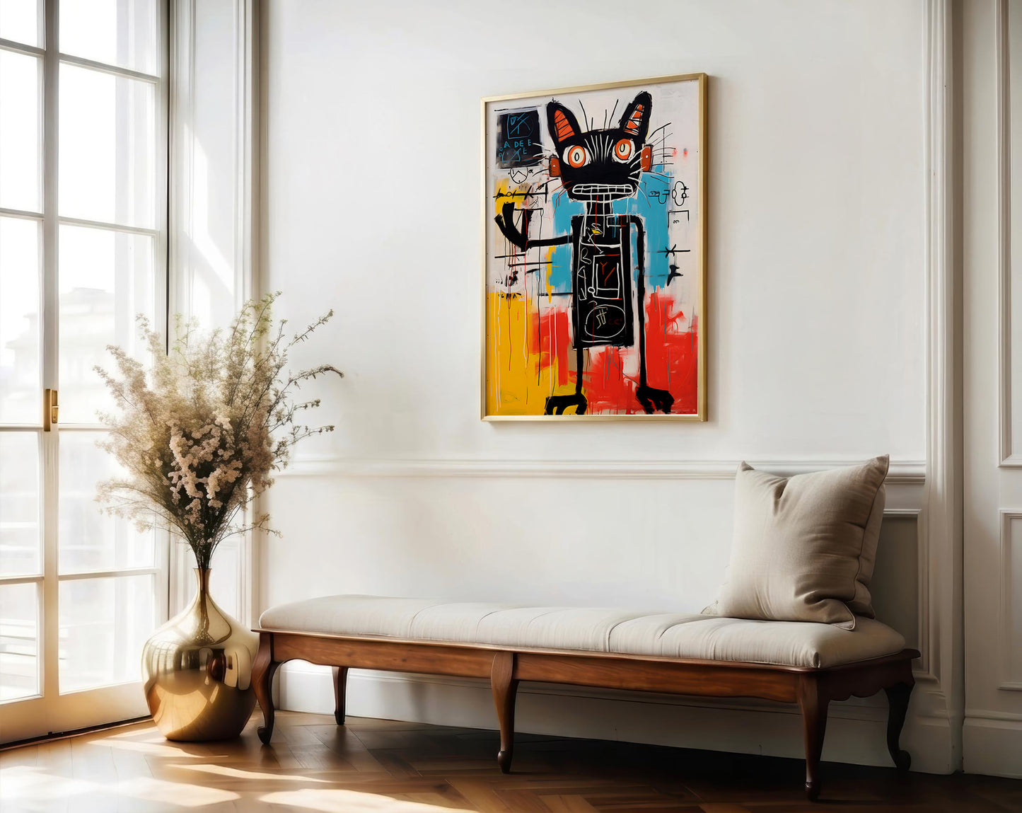 A framed abstract art print featuring a stylized black cat with colorful brushstrokes, hanging on a white wall above a wooden bench with a cushion in a bright, modern room.